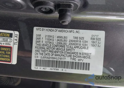 2017 Honda Cr-V Ex from USA, damaged, VIN 5J6RW2H59HL018177